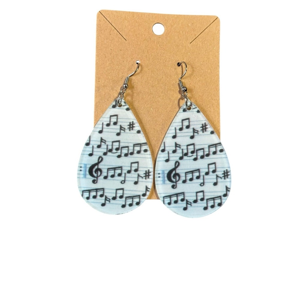 Womens Music Note Teardrop Dangle Earrings Blue Sheet Music Musician Jewelry